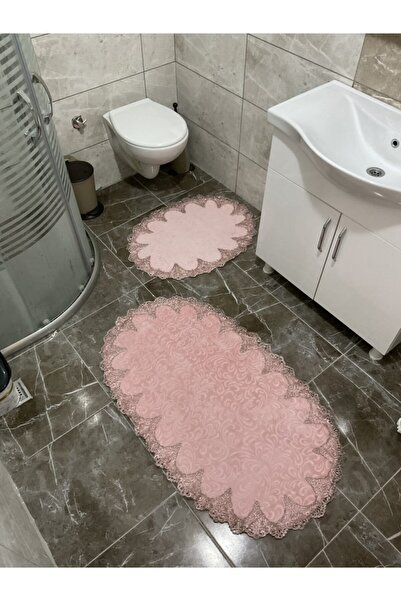 Çalışkan Çeyiz Evi Oval Fransız Dantelli Aplikli Banyo Paspas Seti - Ortası D...