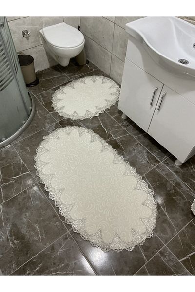 Çalışkan Çeyiz Evi Σετ πατάκι μπάνιου με οβάλ γαλλική δαντέλα - Σετ προίκας 2 τεμαχίων χωρίς σχέδιο στη μέση