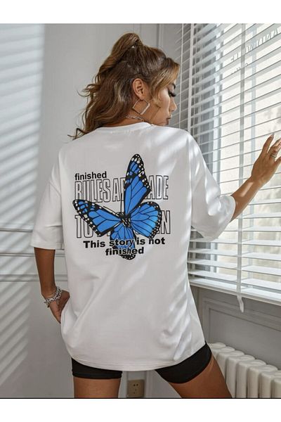 AFROGİYİM Tricou oversize pentru damă, alb, albastru, cu spate fluture