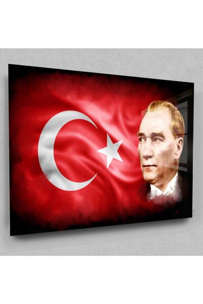 Assos Design Pictură din sticlă cu Atatürk - Pictură din sticlă cu steagul turcesc - Pictură cu Atatürk - Pictură cu steagul turcesc - Decor de perete din sticlă