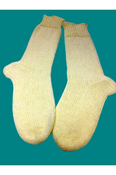 Işin Tasarım Ecru Colored Hand Knitted Wool Socks Size 40-44