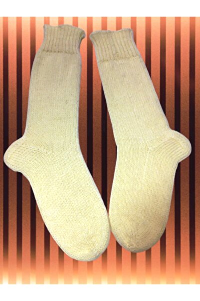 Işin Tasarım Ecru Colored Hand Knitted Wool Socks Size 40-44