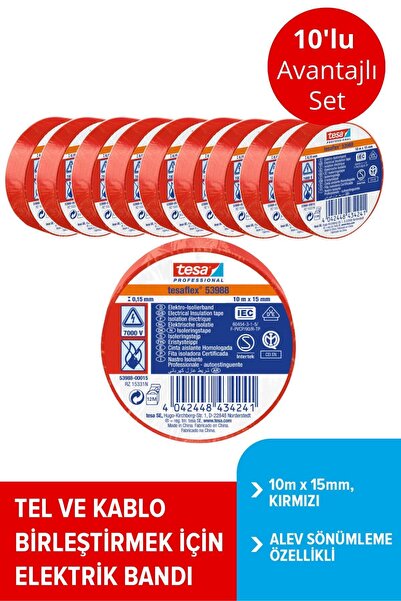 Tesa Elektrik Izolasyon Bandı Spvc, 10m X 15mm, Kırmızı Renk X10 Adet