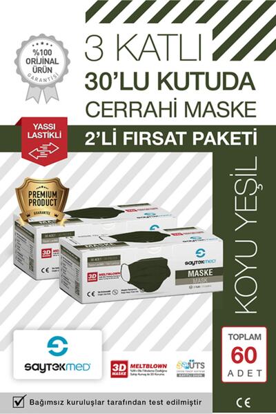 SAYTEKMED Meltblown Filtreli, Yassı Ipli, 3 Katlı Haki/koyu Yeşil Cerrahi Maske (60 ADET/2 KUTU)