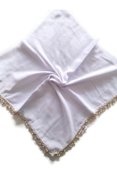 BENLİ Pearl Beaded Gold Hand Embroidered Scarf Writing 100x100cm