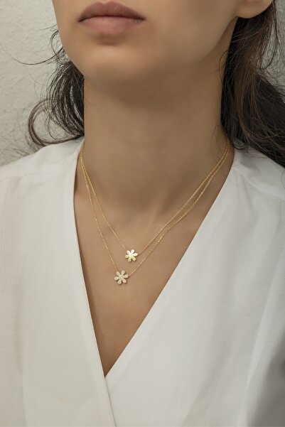 Nereze 925 Ayar Gümüş Gold Çift Kır Çiçeği Kolye