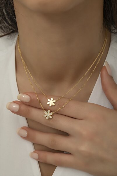 Nereze 925 Ayar Gümüş Gold Çift Kır Çiçeği Kolye