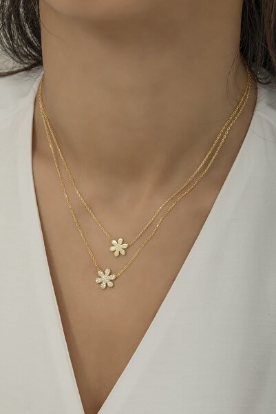 Nereze 925 Ayar Gümüş Gold Çift Kır Çiçeği Kolye