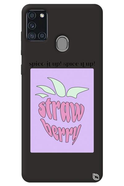 WANNA PROTECT Samsung A21S Black Color Premium Velvet Strawberry Patterned Si...