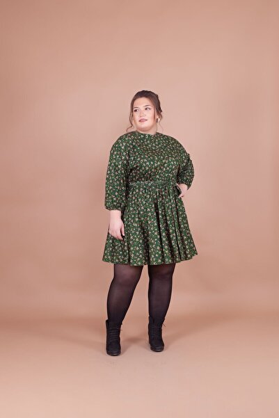 Bidoluelbise Γυναικείο φόρεμα με μανίκια με μοτίβο σμαραγδένιο βελούδο σε μεγάλο μέγεθος