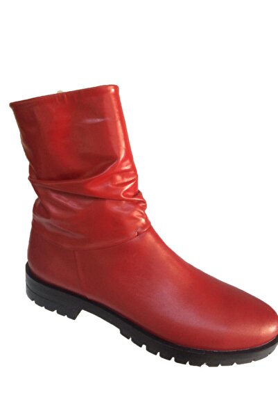Elegan Küçük & Büyük Numara Kırmızı Hakiki Deri Pileli Kaymaz Taban Bot