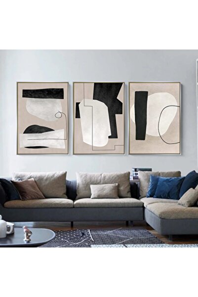 Markazip Gümüş Metal Çerçeveli 50x70cm Üçlü Soyut Kanvas Tablo Kod: Y831-g