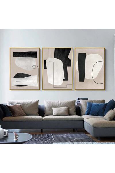 Markazip Altın Metal Çerçeveli 50x70cm Üçlü Soyut Kanvas Tablo Kod: Y831-a