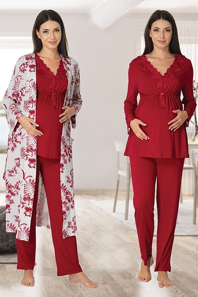 lohusahamile Cherry Pattern Maternity Pajamas with Dressing Gown Effortt 8094