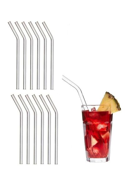 BEYZANA Me-Ka Home 12-Piece TRANSPARENT Curved Glass Straw.. Glass Curved Straw 12' PCS