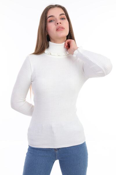 Sfg Life Moda Women's Ribbed Knitwear Acrylic Flexible Frilly Turtleneck Badi