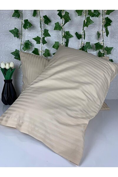 EVYA Bej Lüks Otel Serisi Yastık Kılıfı 2’li 50x70cm Çizgili Ipek Dokulu Pamuk Saten Cilt Dostu