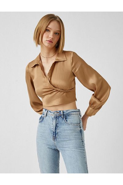 Koton Langärmlige Crop-Bluse mit V-Ausschnitt
