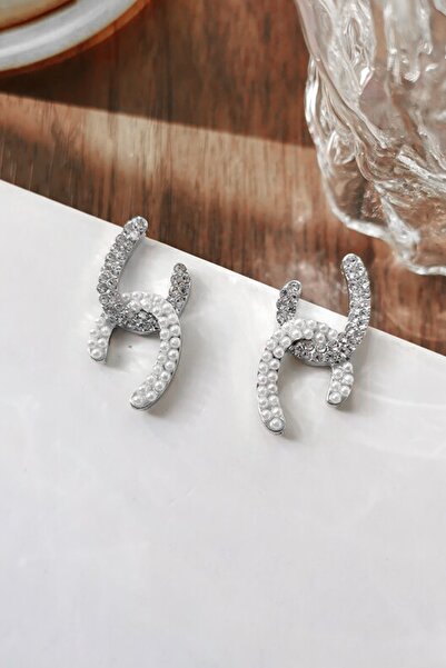 Dora Accessories İncili ve Beyaz Taşlı Tasarım Rodyum Renk Küpe