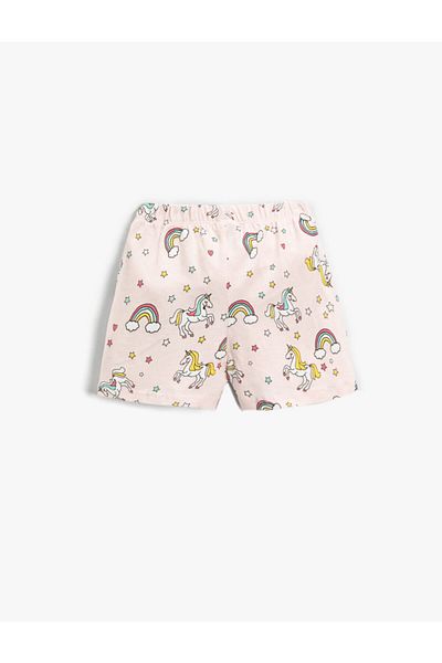 Koton Girl's Unicorn Printed Cotton Shorts with Elastic Waist