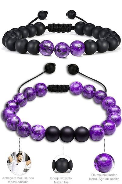 Tesbih Atölyesi Certified Natural African Amethyst Onyx Stone Natural Stone Bracelet Set