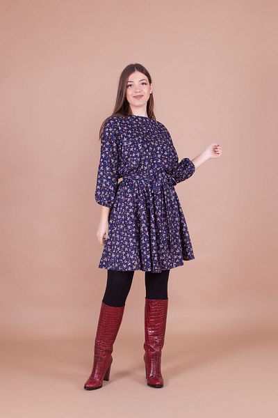 Bidoluelbise Rochie de damă bleumarin din catifea cu mâneci liliac cu imprimeu floral