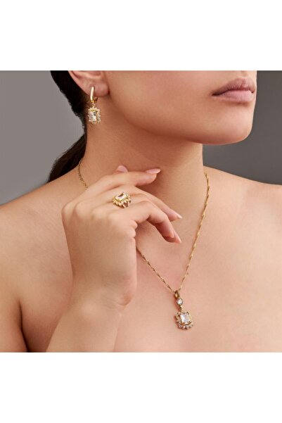 ALYANSEVİM Altın Kaplama Zirkon Taşlı Baget Gümüş Kadın Takı Seti