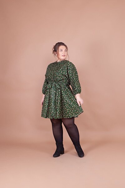 Bidoluelbise Γυναικείο φόρεμα με μανίκια με μοτίβο σμαραγδένιο βελούδο σε μεγάλο μέγεθος