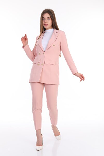 Rmz Style Düğmeli Sahte Cepli Blazer Ceket Boru Paça Kemerli Cepli Esnek Pantolon Takım Elbise