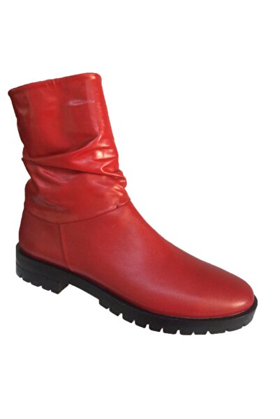 Elegan Küçük & Büyük Numara Kırmızı Hakiki Deri Pileli Kaymaz Taban Bot