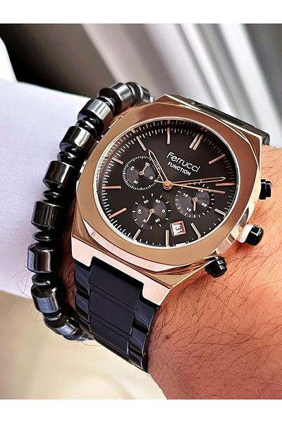 Ferrucci Black Color Rose Gold Case Functions Active Men's Wristwatch + Hematite Natural Stone Bracelet Gift