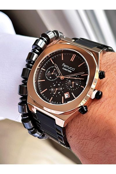 Ferrucci Black Color Rose Gold Case Functions Active Men's Wristwatch + Hematite Natural Stone Bracelet Gift