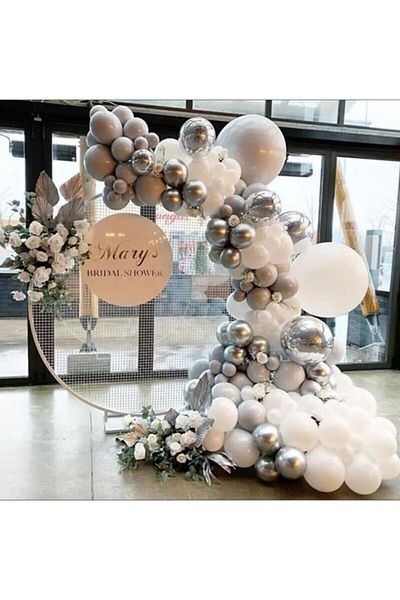 MERİ PARTİ Chrome Silver Pastel White And Pastel Gray Balloon Chain 100 Pieces