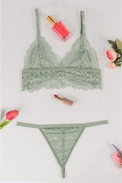 Yapıcı Underwear 1100 مجموعة شرائح دانتيل خضراء بدون غطاء