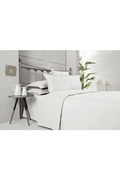 Sarev Solid Fancy Stripe Pamuk Nevresim Takımı Çift Kişilik V11-beyaz