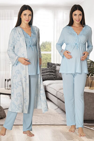 lohusahamile Vişne Desen Sabahlıklı Lohusa Pijama Effortt 8094