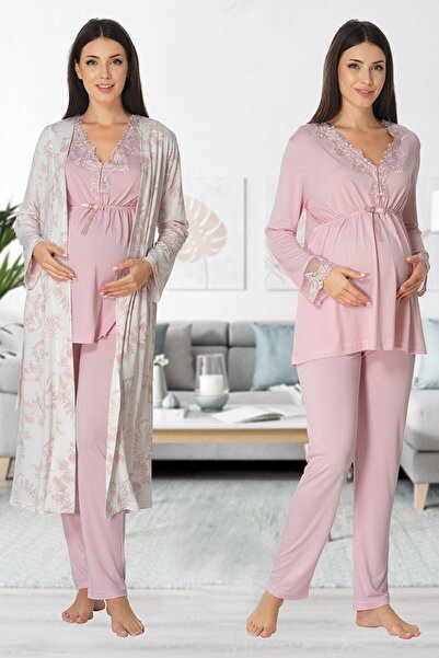 lohusahamile Vişne Desen Sabahlıklı Lohusa Pijama Effortt 8094