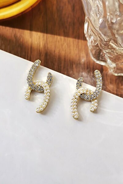 Dora Accessories Incili Ve Beyaz Taşlı Tasarım Altın Renk Küpe