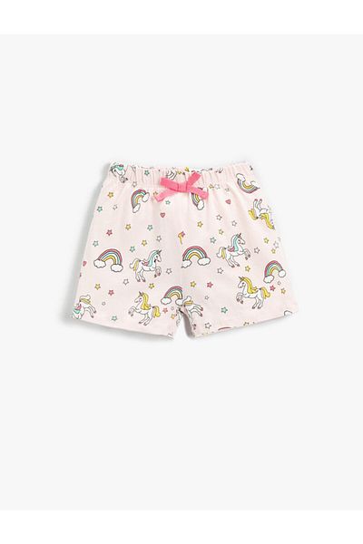 Koton Girl's Unicorn Printed Cotton Shorts with Elastic Waist
