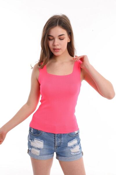 Pinpery Kadın Neon Pembe Rengi Kare Yaka Askılı Triko Bluz Atlet