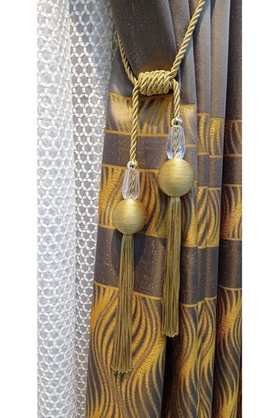 serART Romantik Kruvaze Perde Fon Perde Tavan Bağlama Top Püsküllü Braçhol Gold