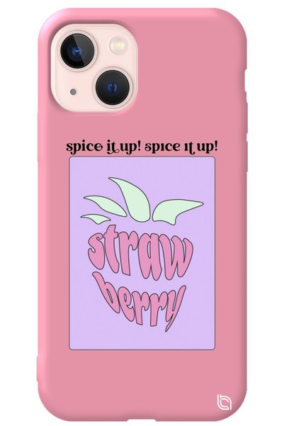 WANNA PROTECT iPhone 13 Pink Color Premium Velvet Strawberry Patterned Silico...