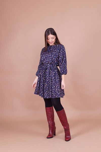 Bidoluelbise Rochie de damă bleumarin din catifea cu mâneci liliac cu imprimeu floral
