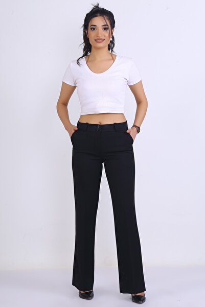 Canseven Fashion Pantaloni negri de damă cu talie înaltă, cu picior evazat pe...