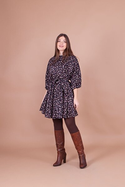 Bidoluelbise Kadın Siyah Kadife Çiçek Desenli Yarasa Kol Elbise