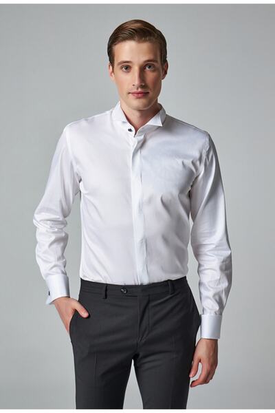 Damat Slim Fit Beyaz Düz Smokin Gömlek