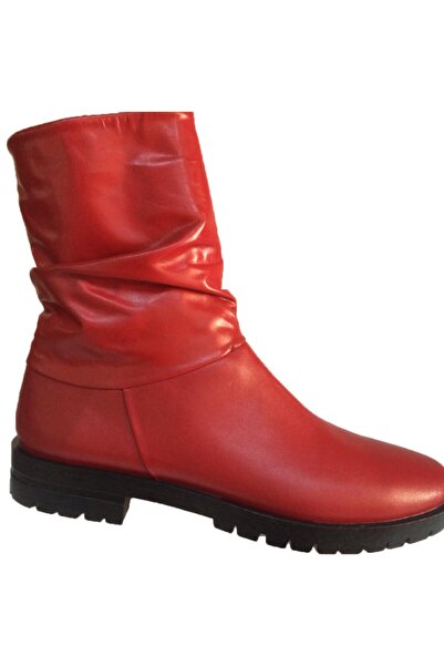 Elegan Küçük & Büyük Numara Kırmızı Hakiki Deri Pileli Kaymaz Taban Bot