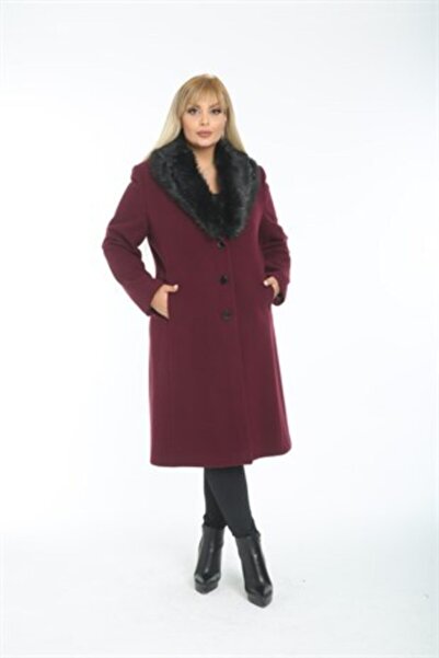 Lalezar Kadın Bordo Suni Kürklü Büyük Beden Uzun Kaban