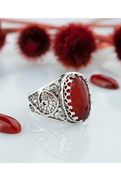 Filigran Silver Doğal Akik Taşlı 925 Ayar Otantik Kadın Gümüş Yüzük, Telkari ...