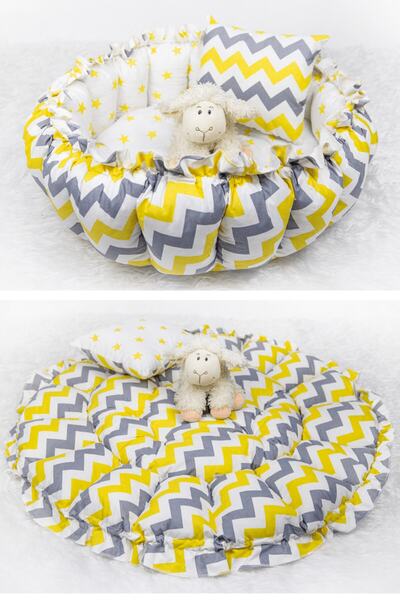 Babynest Yuvarlak Yatak/oyun Minderi Ve Yastığı Sarı Gri Zikzak